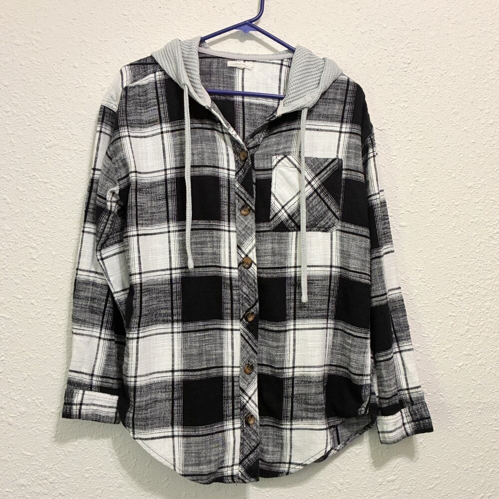 Maurices Womens Black White Plaid Flannel Button Up Shirt Hooded Cotton Sz S